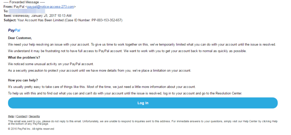 A phishing email imitating PayPal