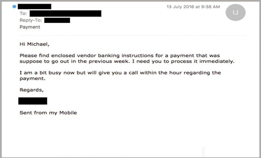 A phishing email imitating the recipient's boss