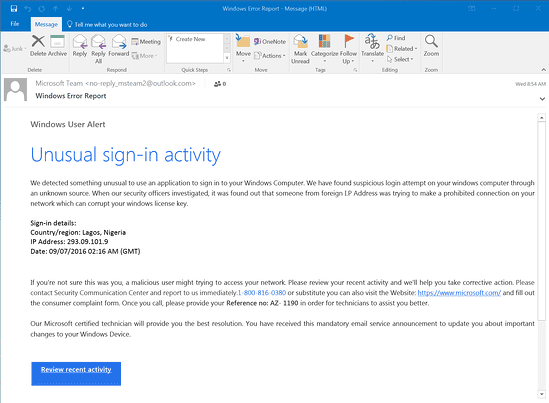 A phishing email claiming that there has been "unusual sign-in activity"